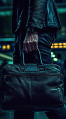 stylish man holding leather briefcase in modern setting