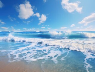 Ocean waves crashing on sandy beach under blue sky.