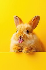 Fototapeta premium Fluffy Yellow Rabbit With Tongue Out Against Vibrant Yellow Background