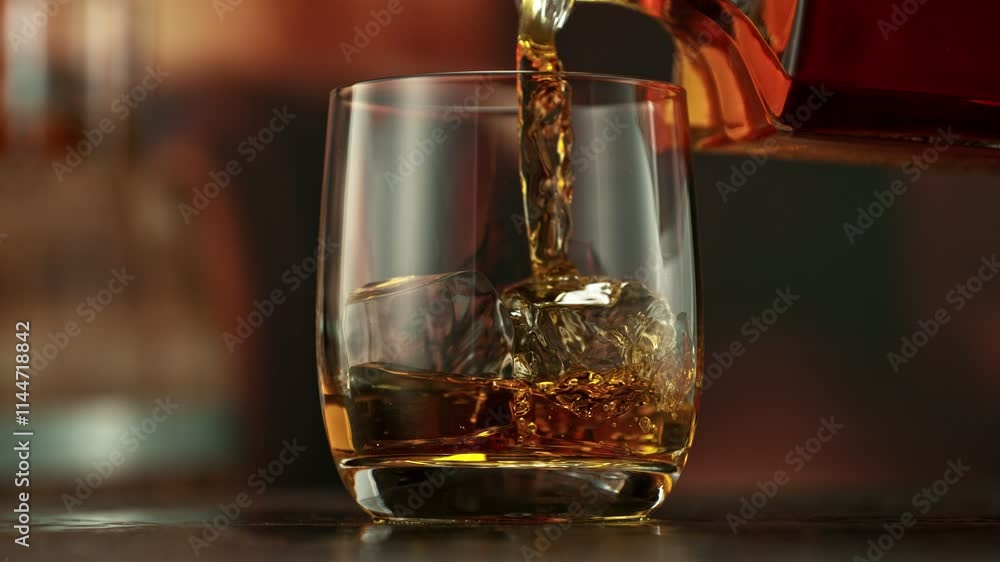 Aufkleber super slow motion of pouring whiskey into glass. filmed on high speed cinema camera, 1000 fps. camer