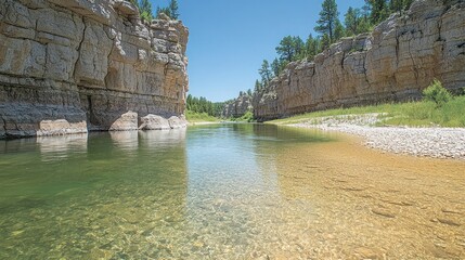 Calm river flowing through a rocky canyon under a clear blue sky.