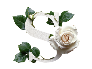 Elegant Floral Letter S with White Rose and Green Leaves Design