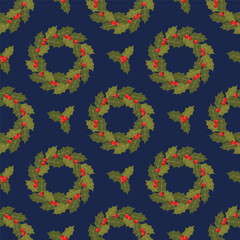 Seamless pattern with christmas wreaths on a navy blue background. Vector winter background.