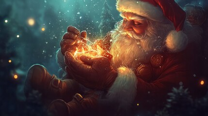 Fototapeta premium Santa Claus gently cradles a glowing orb, magical Christmas eve scene.