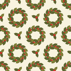 Seamless pattern with christmas wreaths on a light background. Vector winter background.