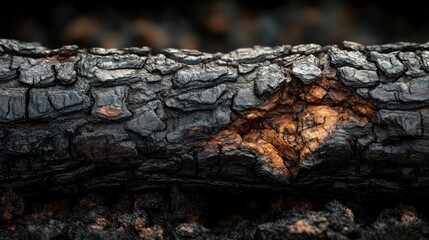 Charred log, close-up view of burnt wood with orange highlights.