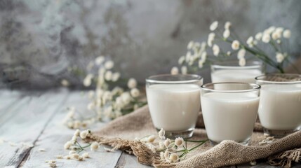 Glass jars of milk with white flowers on a rustic surface