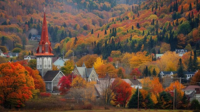 Fall Town: Grandes Piles Church in Colourful Autumn Landscape, Quebec, Canada