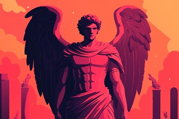 Powerful angel with sword, fiery sunset