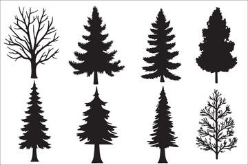 Fototapeta premium Various black tree silhouettes on white background.