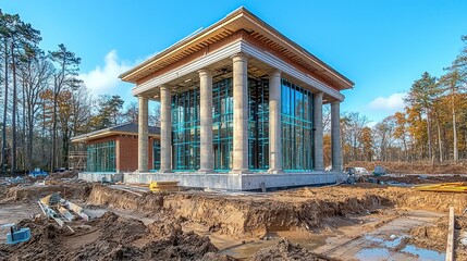 Modern building under construction with glass and pillars.