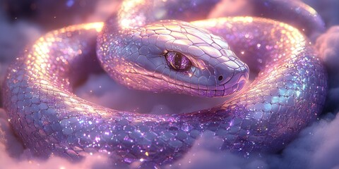 Fototapeta premium Majestic iridescent snake gliding through a dreamy cloudscape during a magical twilight hour