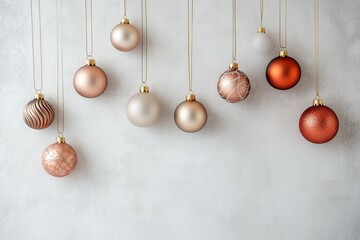 Decora&ccedil;&atilde;o de natal com bolas suspensas em tons dourados, vermelhos e prateados, sobre fundo neutro, criada com IA generativa.