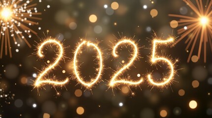 New Year 2025 Sparkling Burning Numbers on Festive Bokeh Background.