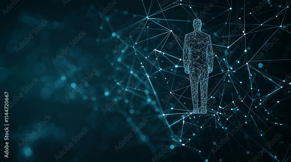Poster connected: a digital representation of a person standing within a vast network of interconnected lin