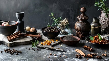 Fototapeta premium Rustic kitchen with spices, herbs, and clay pottery on a wooden table