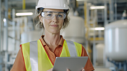 Confident Engineer in Industrial Setting: A woman in a hard hat and safety goggles stands confidently in a factory setting, holding a tablet and gazing directly at the camera.
