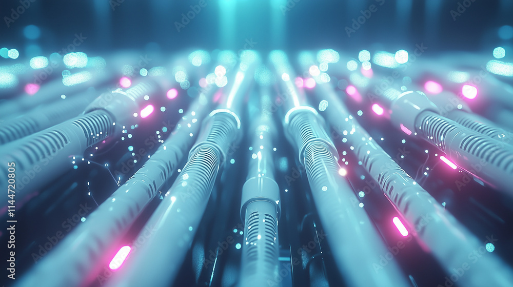 Poster digital network: a mesmerizing close-up of a futuristic network of glowing cables, showcasing a capt