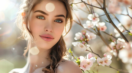 Fototapeta premium Beautiful young woman with long hair posing among pink flowers