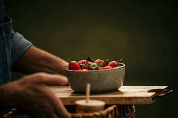 Bowl of strawberries served on a wooden plate during the picnic.