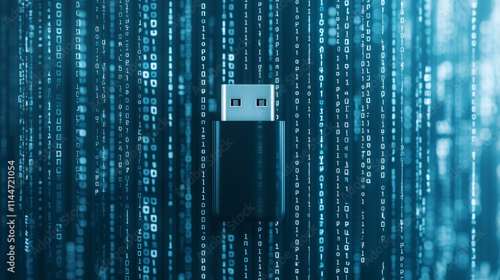 Aufkleber data transfer: a black usb stick stands out against a background of blue binary code, symbolizing th