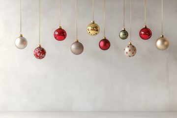 Decora&ccedil;&atilde;o de natal com bolas suspensas em tons dourados, vermelhos e prateados, sobre fundo neutro, criada com IA generativa.