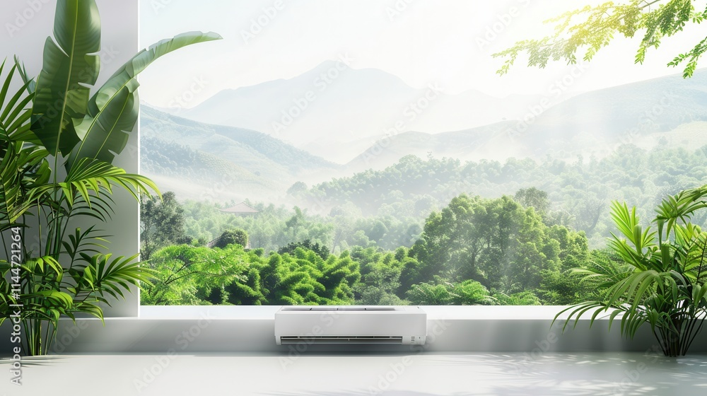 Poster comfortable room with air conditioner and open window overlooking serene mountain landscape surround