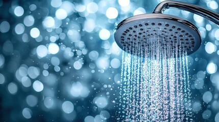 Chrome shower head with water flowing against a bokeh background. - obrazy, fototapety, plakaty