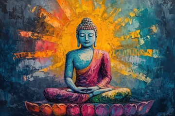 Vibrant Oil Painting of Buddha in Meditative Pose with Radiating Colors and Spiritual Essence