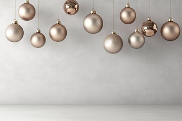 Decora&ccedil;&atilde;o de natal com bolas suspensas em tons dourados, vermelhos e prateados, sobre fundo neutro, criada com IA generativa.