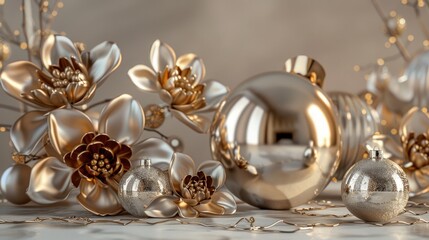 Fototapeta premium Gift Glasses. Christmas Decoration Holiday Present with Ornament Ball in Gold