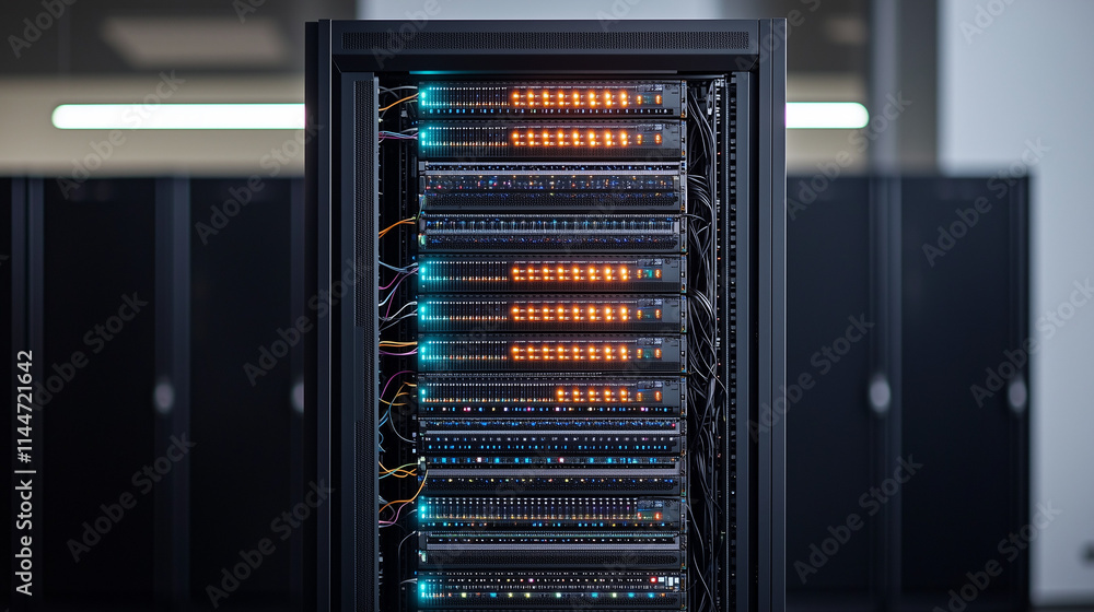 Poster server room powerhouse: glowing server rack in a modern data center, showcasing advanced technology 