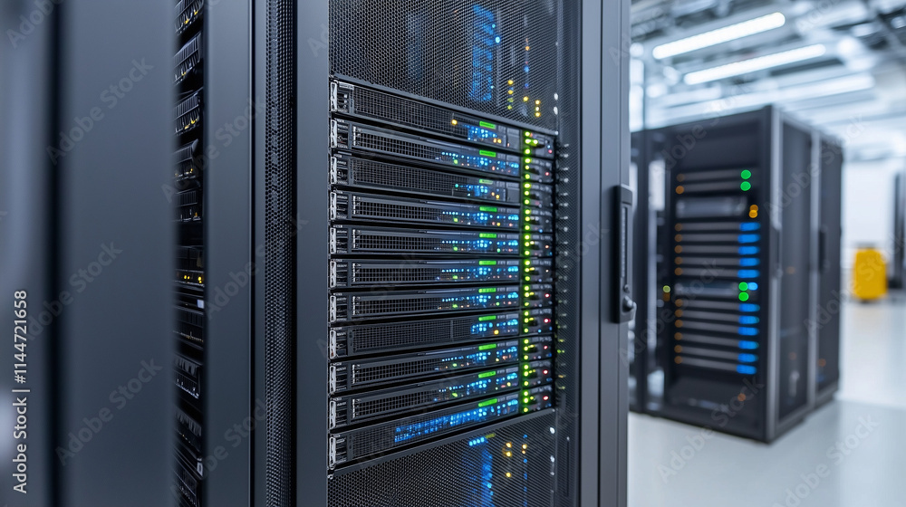 Poster data center powerhouse: close-up view of powerful server racks in a modern data center, showcasing a