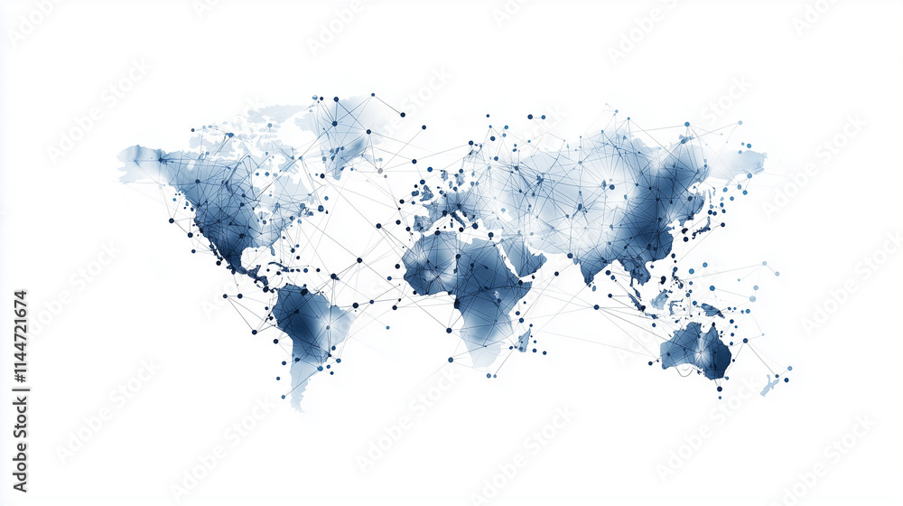 Poster global connections: a watercolor world map with delicate lines connecting continents, representing g