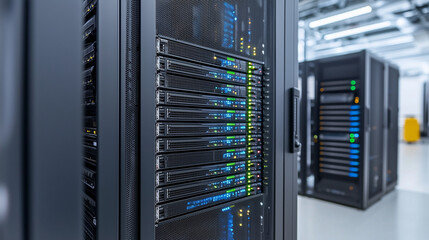 Data Center Powerhouse: Close-up view of powerful server racks in a modern data center, showcasing advanced technology and high-capacity storage.