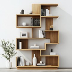 A modern minimalist bookcase with a geometric design and open shelves on a white background 