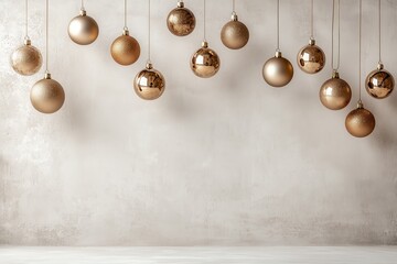 Decora&ccedil;&atilde;o de natal com bolas suspensas em tons dourados, vermelhos e prateados, sobre fundo neutro, criada com IA generativa.