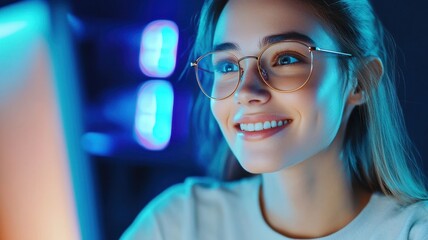 Cheerful female video blogger engaging with her audience while live streaming on social media.