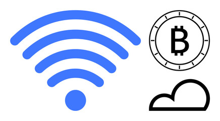 Large blue wireless signal icon next to black Bitcoin symbol and cloud outline. Ideal for technology, finance, internet, cryptocurrency, cloud computing, networking, digital services. Line metaphor