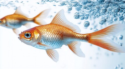 Fototapeta premium Colorful goldfish swim gracefully in a clear aquarium with bubbles under soft lighting