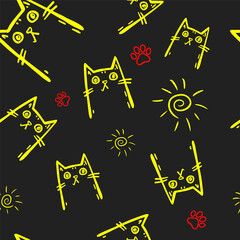 Seamless vector pattern with cute draw cats. Simple doodle style	
