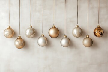 Decora&ccedil;&atilde;o de natal com bolas suspensas em tons dourados, vermelhos e prateados, sobre fundo neutro, criada com IA generativa.