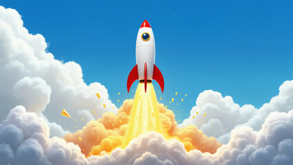 a cartoon-style illustration of a rocket taking off into the sky, surrounded by fluffy white clouds