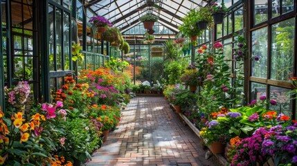 Greenhouse Garden: A Nature Retreat with Lush Plants and Vibrant Flowers