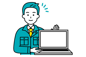 ノートパソコンの画面を見せて説明する作業員の男性