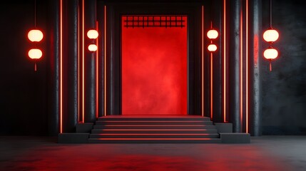 A striking red doorway framed by sleek columns and illuminated lanterns, creating an inviting yet mysterious atmosphere.