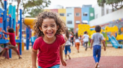 Children running joyfully in a vibrant schoolyard