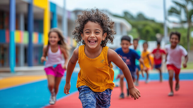 Children running joyfully in a vibrant schoolyard