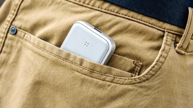 Chino Pocket A light khaki chino pants pocket holds a pager the smooth fabric contrasting with the gadgets sleek surface. The LED light pulses softly in white adding a touch of