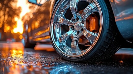 Close-up of a chrome car wheel on a wet asphalt road at sunset.